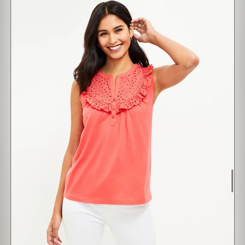 LOFT NWT Eyelet Ruffle Mixed‎ Media Tank Top